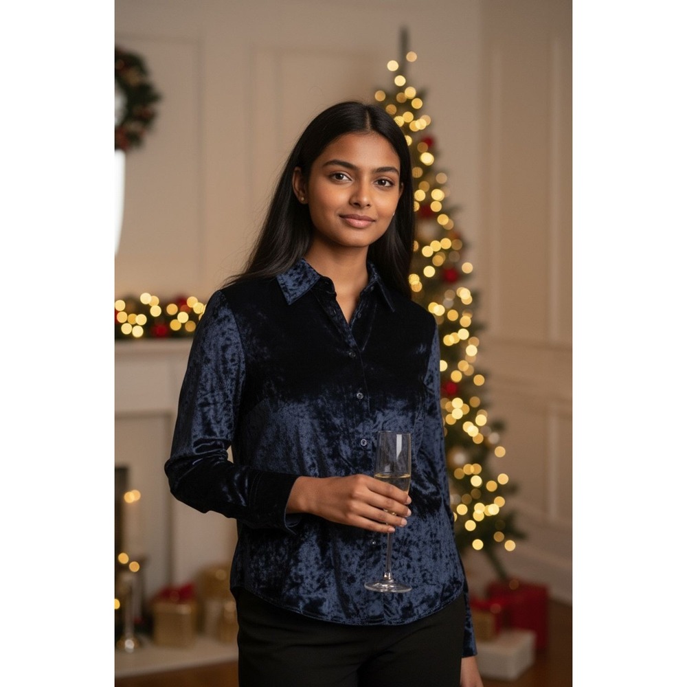 Kathy Ireland Women's Black Velvet Crinkle Button-Up Shirt L Vtg elegant classic